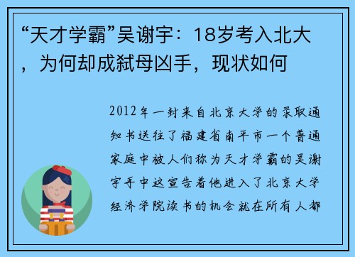 “天才学霸”吴谢宇：18岁考入北大，为何却成弑母凶手，现状如何