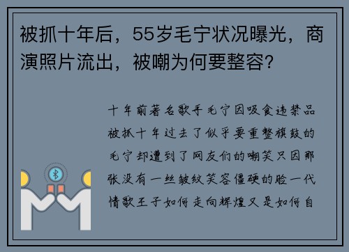 被抓十年后，55岁毛宁状况曝光，商演照片流出，被嘲为何要整容？