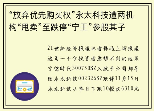 “放弃优先购买权”永太科技遭两机构“甩卖”至跌停“宁王”参股其子公司为的是六氟磷酸锂