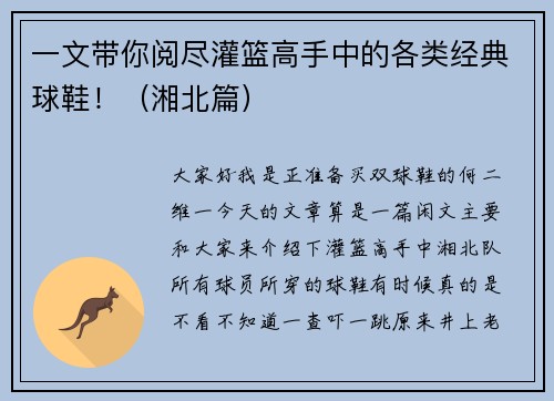 一文带你阅尽灌篮高手中的各类经典球鞋！（湘北篇）