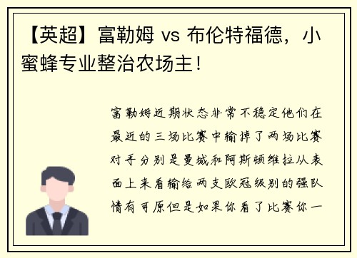 【英超】富勒姆 vs 布伦特福德，小蜜蜂专业整治农场主！