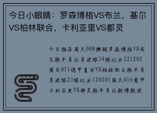 今日小眼睛：罗森博格VS布兰，基尔VS柏林联合，卡利亚里VS都灵