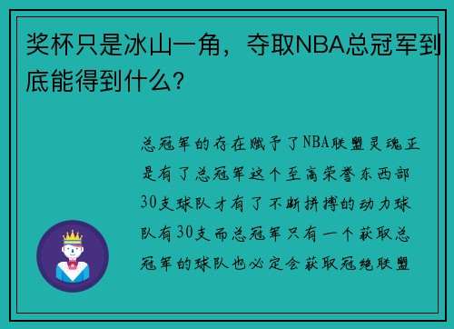 奖杯只是冰山一角，夺取NBA总冠军到底能得到什么？